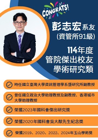 資管所91級彭志宏系友榮獲114年度管理學院傑出校友